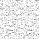 Leuke hand getrokken walvissen Zwart-wit vector naadloos patroon royalty-vrije illustratie Leuke hand getrokken walvissen Zwart-wit vector naadloos patroon royalty-vrije illustratie