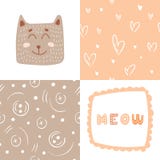 Leuke kat met het van letters voorzien van miauw voor druk en twee verschillende abstracte patronen voor comfortabel klerenontwer Stock Fotografie Leuke kat met het van letters voorzien van miauw voor druk en twee verschillende abstracte patronen voor comfortabel klerenontwer Stock Fotografie