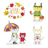 Leuke katten in de herfst met bladeren en citaat stock illustratie Leuke katten in de herfst met bladeren en citaat stock illustratie