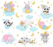Leuke kleine dieren die onder een sterrige hemelreeks slapen, mooie olifant, konijntje, panda, wasbeer, schapen, biggetje, hippo royalty-vrije illustratie Leuke kleine dieren die onder een sterrige hemelreeks slapen, mooie olifant, konijntje, panda, wasbeer, schapen, biggetje, hippo royalty-vrije illustratie