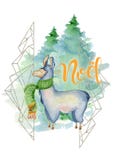 Leuke lama in groene getrokken vrolijke Kerstmisillustratie van de sjaalwaterverf hand vector illustratie Leuke lama in groene getrokken vrolijke Kerstmisillustratie van de sjaalwaterverf hand vector illustratie