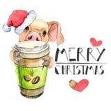 Leuke parasenok in een Santa Claus Christmas-hoed met een mok koffie De kaart van de groet Geïsoleerde Gelukkig Nieuwjaar royalty-vrije illustratie Leuke parasenok in een Santa Claus Christmas-hoed met een mok koffie De kaart van de groet Geïsoleerde Gelukkig Nieuwjaar royalty-vrije illustratie