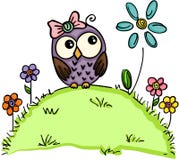 Leuke uil in een tuin met bloemen vector illustratie Leuke uil in een tuin met bloemen vector illustratie