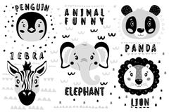 Leuke vector vastgestelde leeuw, panda, olifant, zebra, pinguïngezicht Één voorwerp op een witte achtergrond vector illustratie Leuke vector vastgestelde leeuw, panda, olifant, zebra, pinguïngezicht Één voorwerp op een witte achtergrond vector illustratie