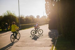 Leute, die in den Park bei Sonnenuntergang radfahren lizenzfreie stockfotografie Leute, die in den Park bei Sonnenuntergang radfahren lizenzfreie stockfotografie