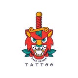 Lew i kindżał, klasycznego Amerykańskiego stara szkoła tatuażu loga projekta wektorowa ilustracja na białym tle ilustracji Lew i kindżał, klasycznego Amerykańskiego stara szkoła tatuażu loga projekta wektorowa ilustracja na białym tle ilustracji