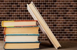 Libri impilati verticalmente ed un libro vicino fotografia stock Libri impilati verticalmente ed un libro vicino fotografia stock