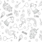 Licorne, lama et flamant Modèle sans couture d'ensemble noir et blanc de résumé Dessin d'illustration de mode dans le style moder illustration stock Licorne, lama et flamant Modèle sans couture d'ensemble noir et blanc de résumé Dessin d'illustration de mode dans le style moder illustration stock