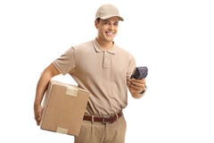 Liefern Sie Kerl mit einem Paket und einem Zahlungsanschluß Lizenzfreie Stockbilder Liefern Sie Kerl mit einem Paket und einem Zahlungsanschluß Lizenzfreie Stockbilder