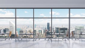 Lieux de travail dans un bureau panoramique moderne, vue de New York City dans les fenêtres, Manhattan L'espace ouvert illustration de vecteur Lieux de travail dans un bureau panoramique moderne, vue de New York City dans les fenêtres, Manhattan L'espace ouvert illustration de vecteur