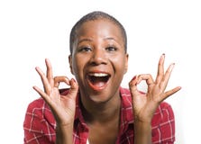 Lifestyle Isolated Portrait Of Young Attractive And Natural Black Afro American Woman Gesturing Happy Celebrating Success In Okay Stock Images