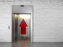 Lift met geopende deuren en omhoog pijl stock illustratie Lift met geopende deuren en omhoog pijl stock illustratie