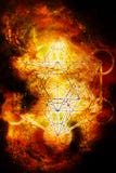 Light merkaba in cosmic space. Sacred geometry. Fire effect. stock illustration Light merkaba in cosmic space. Sacred geometry. Fire effect. stock illustration