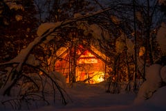 Lighted Wooden House In The Night Winter Forest Stock Photo Lighted Wooden House In The Night Winter Forest Stock Photo
