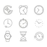 ligne monochrome ensemble avec des minuteries d'horloges et des icônes de montres illustration libre de droits ligne monochrome ensemble avec des minuteries d'horloges et des icônes de montres illustration libre de droits
