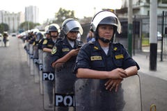 Group of Peruvian police women at march for woman`s day stock images Group of Peruvian police women at march for woman`s day stock images