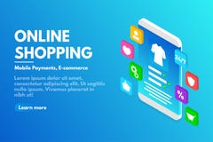 On-line shoppingbegrepp Isometrisk smartphone med användargränssnittet E-kommers och online-lagerbegrepp vektor illustrationer On-line shoppingbegrepp Isometrisk smartphone med användargränssnittet E-kommers och online-lagerbegrepp vektor illustrationer