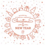 Line Style Christmas and New Year Greeting Banner. Or Card With Vintage Typography on Snowy Background royalty free illustration Line Style Christmas and New Year Greeting Banner. Or Card With Vintage Typography on Snowy Background royalty free illustration