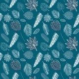 Linea bianca senza cuciture vario modello tropicale delle foglie sul fondo dei blu navy illustrazione di stock Linea bianca senza cuciture vario modello tropicale delle foglie sul fondo dei blu navy illustrazione di stock