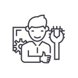 Linea sottile icona di vettore di concetto del tecnico del computer royalty illustrazione gratis Linea sottile icona di vettore di concetto del tecnico del computer royalty illustrazione gratis