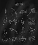 Linear hand drawn icons on chalk Board. Accessories owned by the fisherman . Vector vector illustration Linear hand drawn icons on chalk Board. Accessories owned by the fisherman . Vector vector illustration