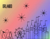 Linha do preto de Orlando Atractions no fundo colorido do arco-íris Montanha russa, roda grande, castelo e fogos de artifício ilustração stock Linha do preto de Orlando Atractions no fundo colorido do arco-íris Montanha russa, roda grande, castelo e fogos de artifício ilustração stock