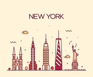 Linha estilo da silhueta da skyline de New York City da arte ilustração royalty free Linha estilo da silhueta da skyline de New York City da arte ilustração royalty free