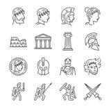 Linha grupo do império romano do ícone Incluiu os ícones como o soldado, a coluna, o coliseu, o santuário, o imperador e o mais ilustração stock Linha grupo do império romano do ícone Incluiu os ícones como o soldado, a coluna, o coliseu, o santuário, o imperador e o mais ilustração stock