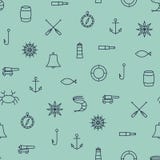 Linha teste padrão sem emenda do navio & de mar dos ícones no fundo azul ilustração stock Linha teste padrão sem emenda do navio & de mar dos ícones no fundo azul ilustração stock