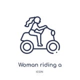 Linjär kvinna som rider en mopedsymbol från damöversiktssamling Tunn linje kvinna som rider en mopedsymbol som isoleras på vit royaltyfri illustrationer Linjär kvinna som rider en mopedsymbol från damöversiktssamling Tunn linje kvinna som rider en mopedsymbol som isoleras på vit royaltyfri illustrationer