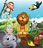 A lion above the stump surrounded with playful animals