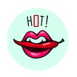 Lips biting chili pepper with word HOT for prints sticker greeting card poster isolated on white background stock illustration Lips biting chili pepper with word HOT for prints sticker greeting card poster isolated on white background stock illustration