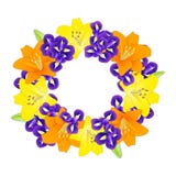 Lirio y azul amarillos, anaranjados Iris Flower Wreath en el fondo blanco Ilustración del vector Imágenes de archivo libres de regalías Lirio y azul amarillos, anaranjados Iris Flower Wreath en el fondo blanco Ilustración del vector Imágenes de archivo libres de regalías