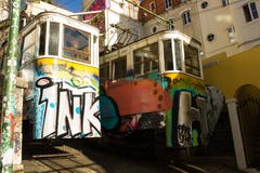 Lisbo, Portugal: The tramways of the old funicular of Lavra crossing by