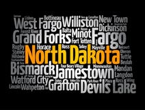 List of cities in North Dakota USA state, map silhouette word cloud, map concept background