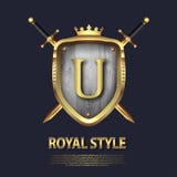 Listowy U, dwa krzyżującej osłony z koroną i kordziki i Listowy projekt w z?ocistym kolorze dla u?ywa jako heraldyczny symbol w?a ilustracja wektor Listowy U, dwa krzyżującej osłony z koroną i kordziki i Listowy projekt w z?ocistym kolorze dla u?ywa jako heraldyczny symbol w?a ilustracja wektor
