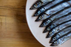 Liten silverfisk i en beige platta på en trätabell, slut upp arkivbild Liten silverfisk i en beige platta på en trätabell, slut upp arkivbild