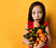 Asian child in red blouse. Looking wondered, holding an armful of tangerines and oranges, posing on orange background. Close up