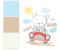 Little bear in car. Surface pattern and 3 seamless pattern royalty free illustration Little bear in car. Surface pattern and 3 seamless pattern royalty free illustration