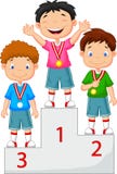 Little boy celebrates his golden medal on podium royalty free illustration Little boy celebrates his golden medal on podium royalty free illustration