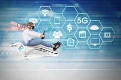 Little boy rides a plane with 5G network system royalty free stock photos Little boy rides a plane with 5G network system royalty free stock photos