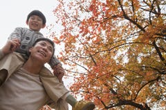 Little boy sitting on his fathers shoulders, walking through the park in autumn stock image Little boy sitting on his fathers shoulders, walking through the park in autumn stock image