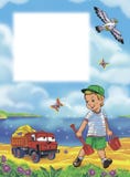 Little boy with toy car truck walking at the seaside with beach bucket and shovel for sand Stock Image Little boy with toy car truck walking at the seaside with beach bucket and shovel for sand Stock Image