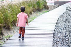 Little boy walking on thewood bridge stock image Little boy walking on thewood bridge stock image
