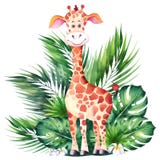 Little cartoon giraffe and green tropical leaves.