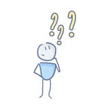 Little character is thinking under question marks. Doubts and questions concepts. Problem solving. Vector doodle illustration Royalty Free Stock Photos Little character is thinking under question marks. Doubts and questions concepts. Problem solving. Vector doodle illustration Royalty Free Stock Photos