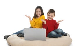 Little children using video chat on laptop royalty free stock photos Little children using video chat on laptop royalty free stock photos