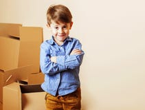 Little Cute Boy In Empty Room, Remoove To New House. Home Alone, Royalty Free Stock Photos