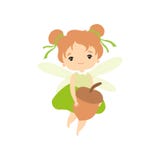 Little Forest Fairy Flying with Acorn, Lovely Fairy Girl Cartoon Character with Green Hair and Wings Vector Illustration vector illustration Little Forest Fairy Flying with Acorn, Lovely Fairy Girl Cartoon Character with Green Hair and Wings Vector Illustration vector illustration