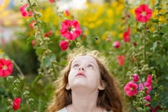 Little Girl Is Looking Up At The Bee. Facial Emotions Of Fear, F Royalty Free Stock Photos